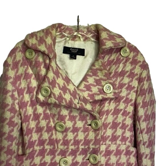 COFFEESHOP Pink Houndstooth Wool Pea Coat Retro Glam Twee Medium M - Picture 3 of 16